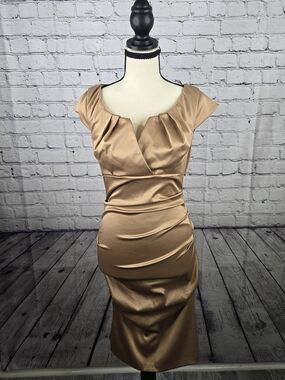 Elegant Taupe Satin Ruched Sheath Dress